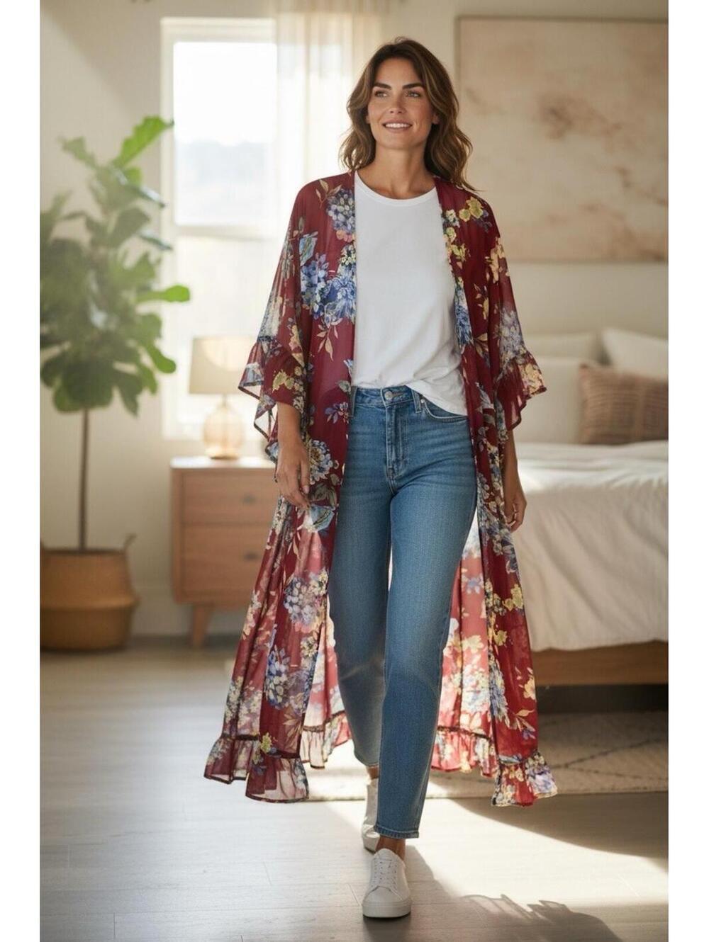 Umgee Red Long Floral Duster Sz.S